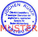 Sello: Jochen Rump, Friburgo - Traductor jurado de los idiomas inglés y espaol para el Estado Federado de Baden-Württemberg